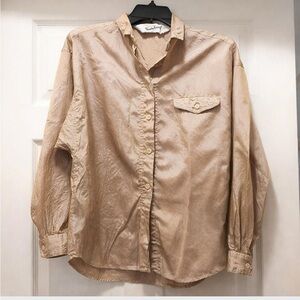 Vintage DianeVonFurstenberg Crinkle Blouse Tan Button Down Designer Shirt Size S